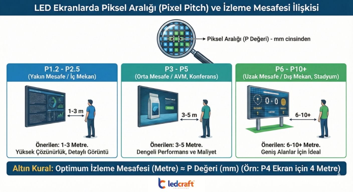 LED Ekranlarda piksel aralığı ve izleme mesafesi ilişkisi LED Ekranlarda piksel aralığı ve izleme mesafesi ilişkisi infografik görsel