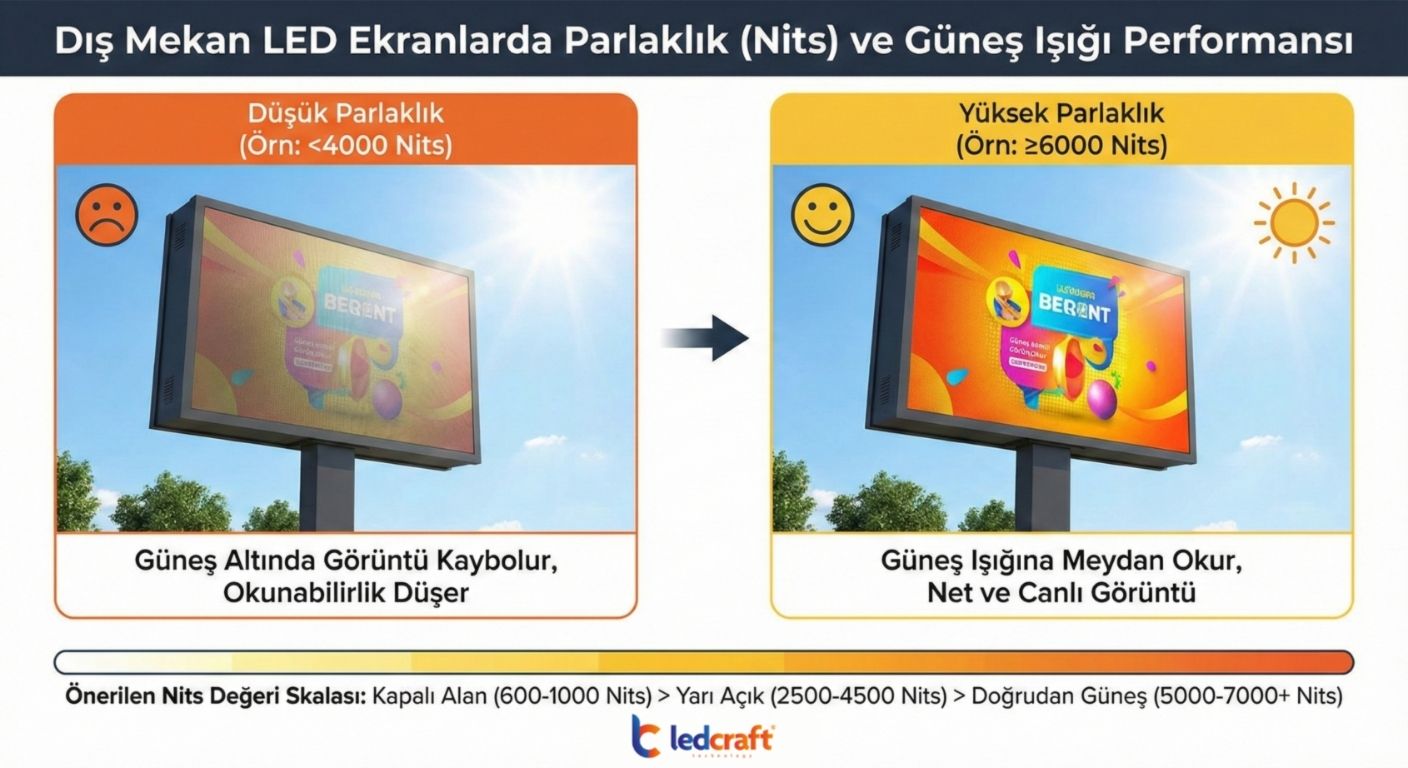 Dış mekan led ekranlarda parlaklık ve güneş ışığı performansı Dış mekan led ekranlarda parlaklık ve güneş ışığı performansı infografik görsel
