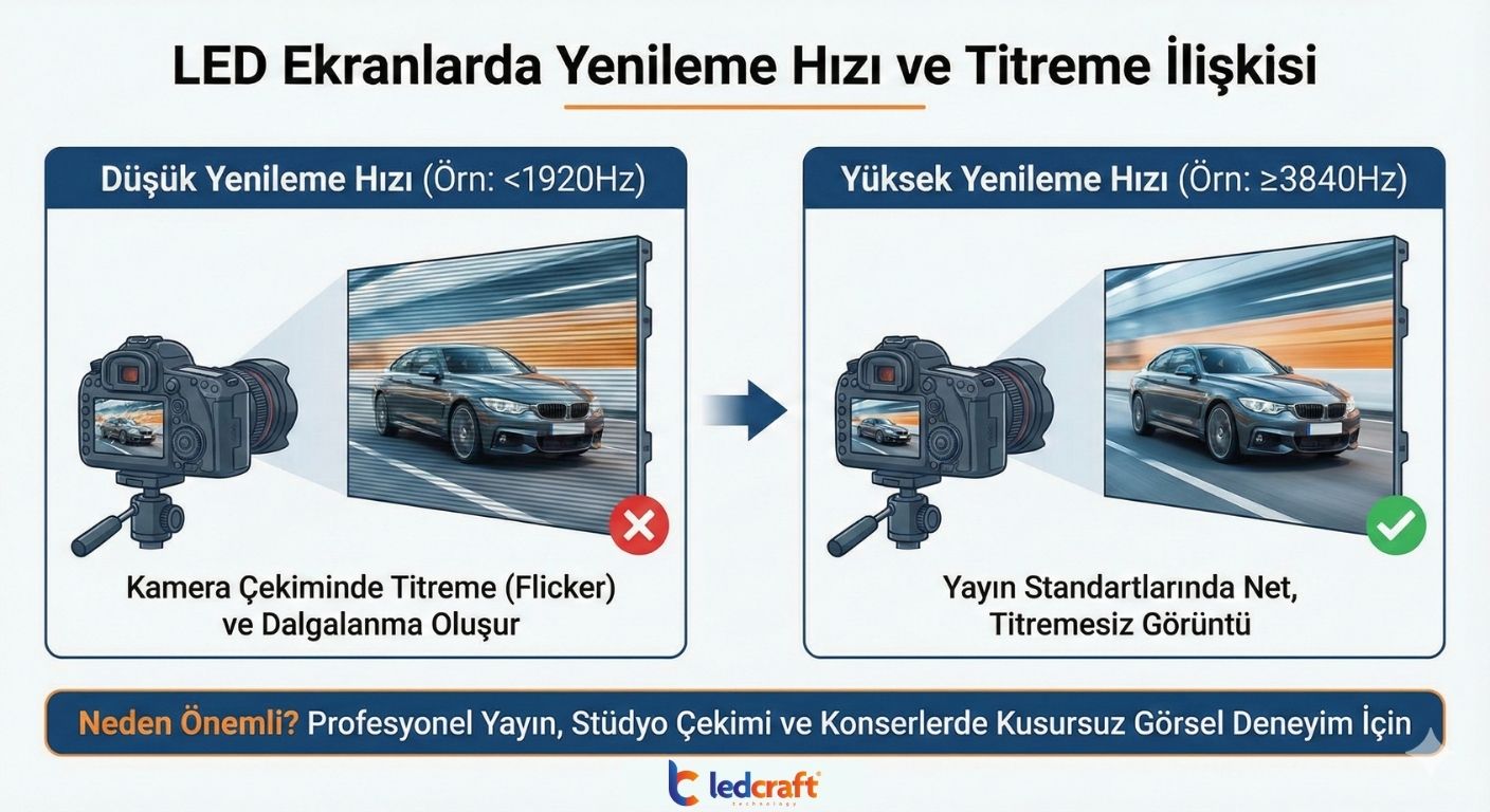 LED ekranlarda yenileme hızı ve titreme ilişkisi LED ekranlarda yenileme hızı ve titreme ilişkisi infografik görsel