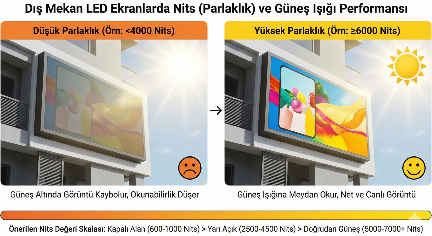 Dış mekan led ekranlarda nits ve g&uuml;neş ışığı performansı infografik g&ouml;rsel