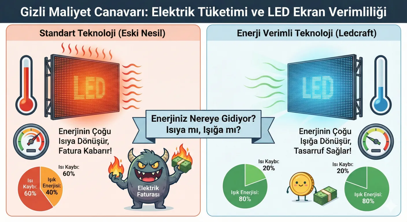 Led ekran elektrik t&uuml;ketimi ve led ekran verimliliği infografik g&ouml;rsel