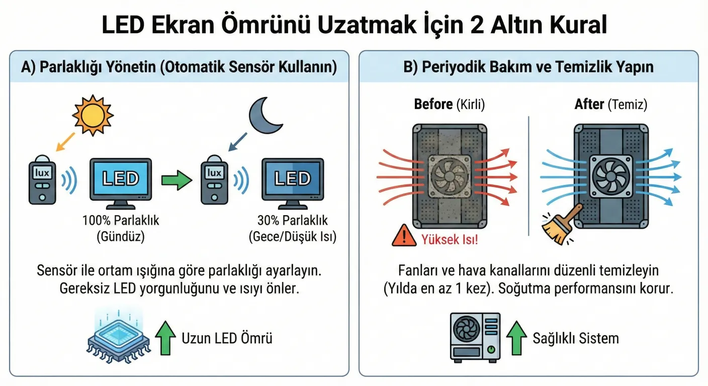 Led ekran ömrünü uzatmak için altın kurallar Led ekran ömrünü uzatmak için altın kurallar infografik görsel